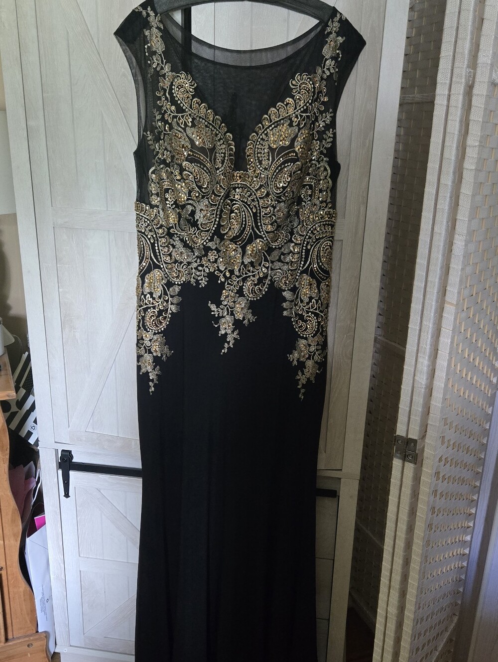 Black Evening Gown with Gold Embroidered Appliqué